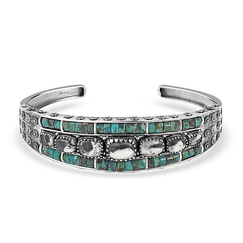 D'Joy Artisan Crafted White Buffalo, Royston Turquoise Cuff Bracelet in Oxidized Sterling Silver 24.00 ctw (7.25 Inches)