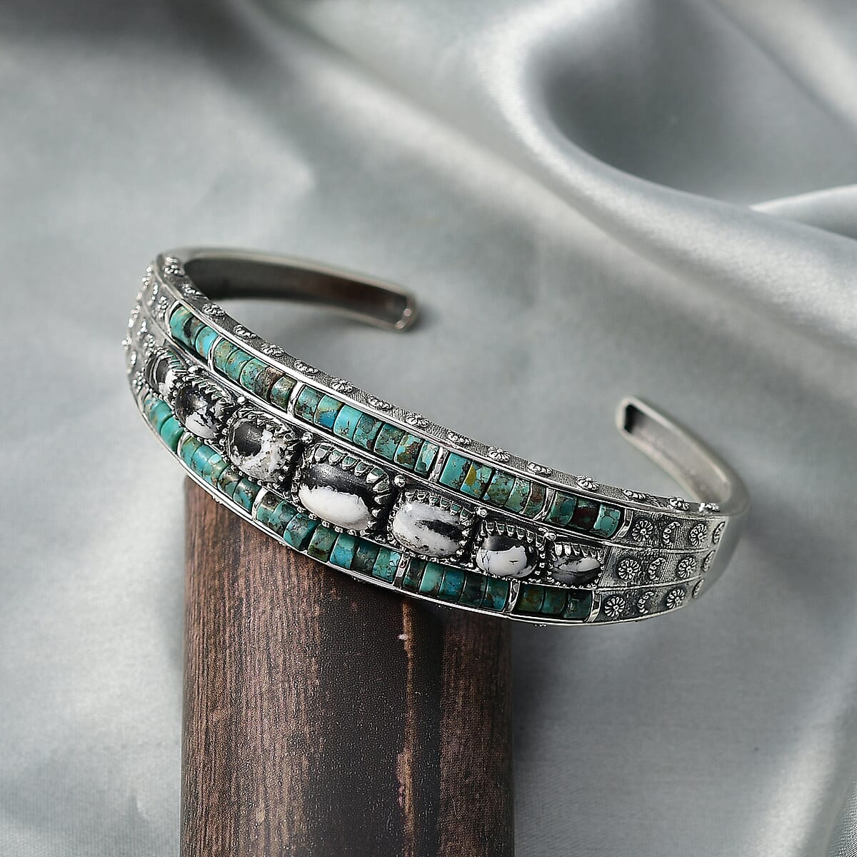 D'Joy Artisan Crafted Premium White Buffalo and Royston Turquoise 24.00 ctw Cuff Bracelet in Black Oxidized Sterling Silver (7.25 In) image number 1