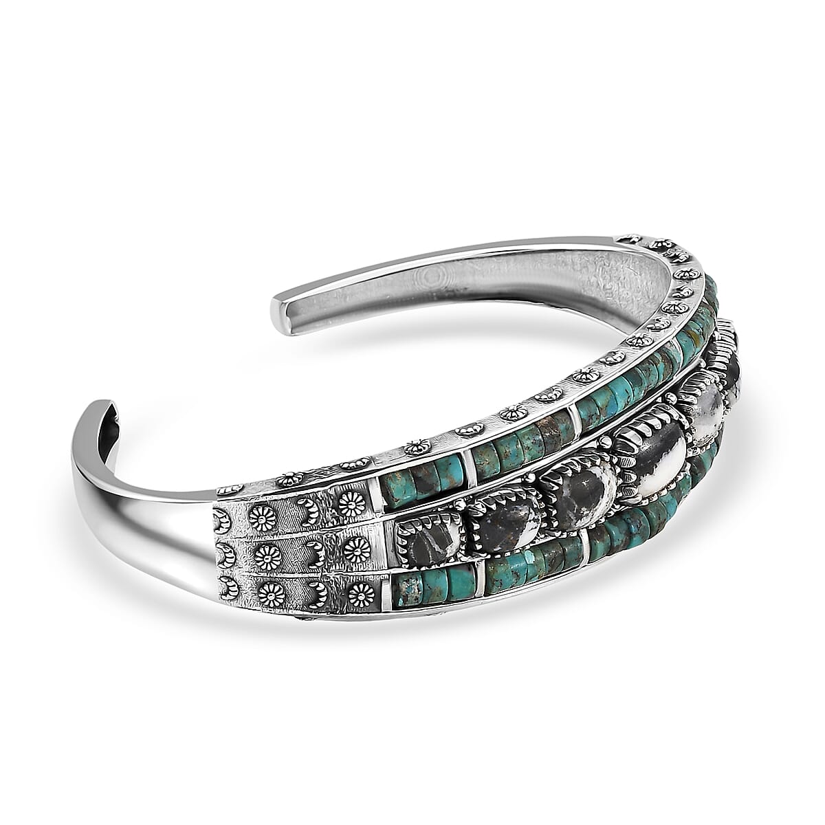 D'Joy Artisan Crafted Premium White Buffalo and Royston Turquoise 24.00 ctw Cuff Bracelet in Black Oxidized Sterling Silver (7.25 In) image number 3
