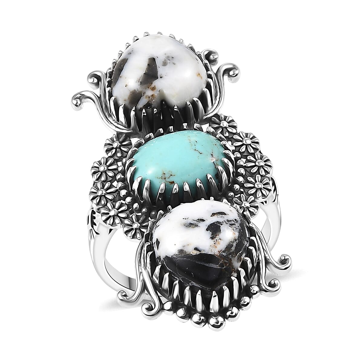 D'Joy Artisan Crafted Premium White Buffalo and Tahoe Nevada Turquoise 10.60 ctw Ring in Black Oxidised Sterling Silver (Size 10.0) image number 0