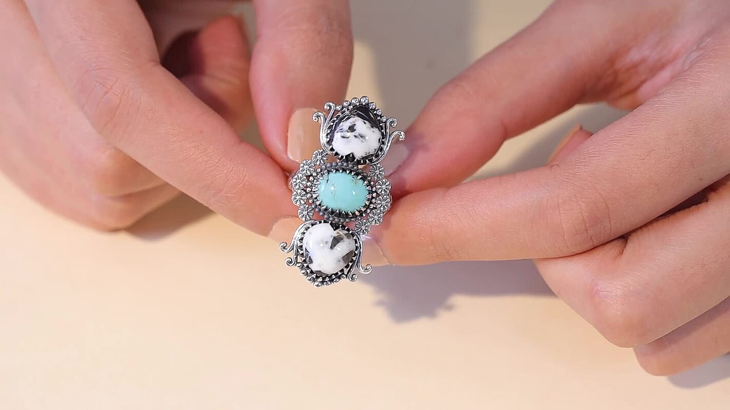 D'Joy Artisan Crafted Premium White Buffalo, Tahoe Nevada Turquoise Ring in Black Oxidised Sterling Silver (Size 10.0) 10.60 ctw