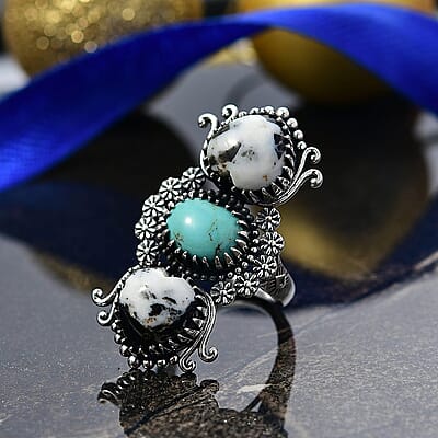 D'Joy  White Buffalo, Tahoe Nevada Turquoise Artisan Crafted Ring in Black Oxidised Sterling Silver 10.60 ctw (Size 10.0)