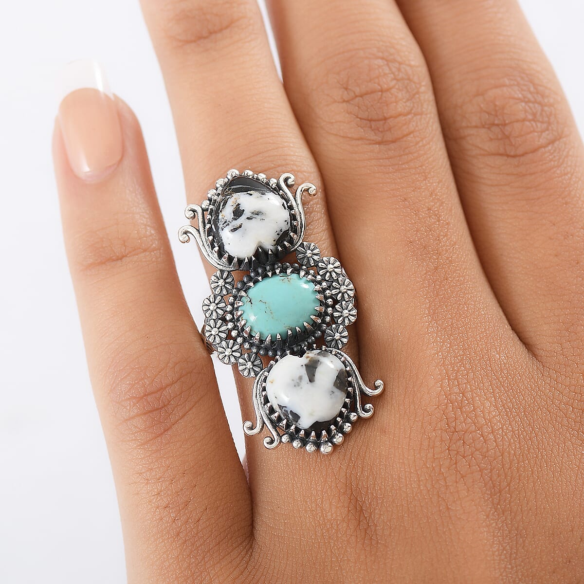 D'Joy  White Buffalo, Tahoe Nevada Turquoise Artisan Crafted Ring in Black Oxidised Sterling Silver 10.60 ctw (Size 8.0) image number 2