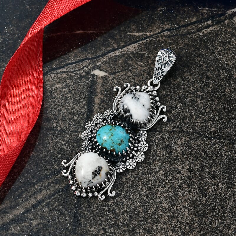 D'Joy Artisan Crafted White Buffalo, Tahoe Nevada Turquoise Pendant without Chain in Sterling Silver 8.90 ctw