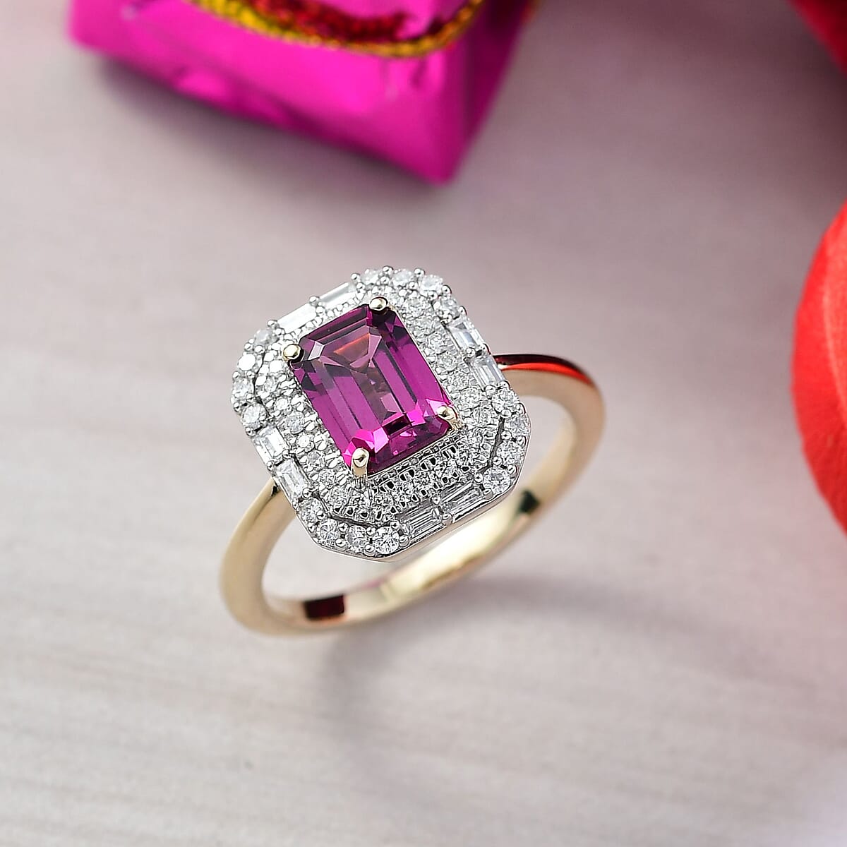 Luxoro AAA Radiant Ember Garnet and G-H I2 Diamond 2.30 ctw Art Deco Ring in 10K Yellow Gold (Size 7.0) image number 1