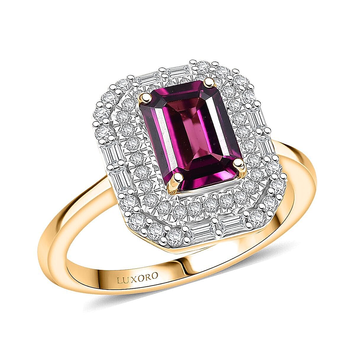 Luxoro 10K Yellow Gold AAA Radiant Ember Garnet, Diamond (G-H, I2) Art Deco Ring (Size 9.5) 2.30 ctw image number 0
