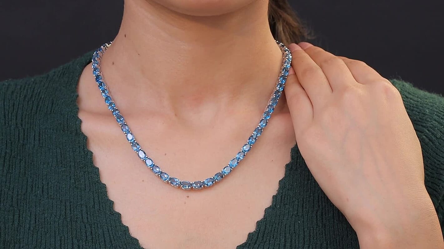D'Joy London Blue Topaz 59.80 ctw Necklace in Rhodium Over Sterling Silver 18 Inches