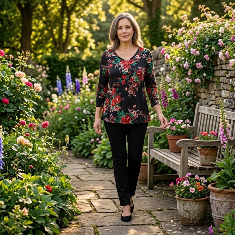 Pioneer Woman Black Dark Floral Knit Three-quarter Sleeve Blouse S