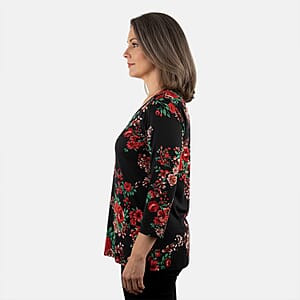 Pioneer Woman Black Dark Floral Knit Three-quarter Sleeve Blouse M