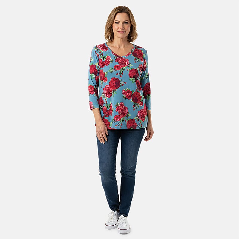 Pioneer Woman Light Blue Desert Rose Knit Three-quarter Sleeve Blouse S