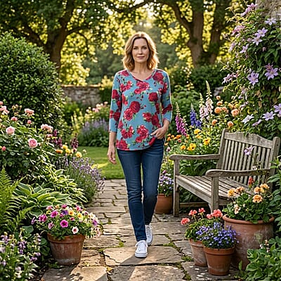 Pioneer Woman Light Blue Desert Rose Knit Three-quarter Sleeve Blouse S