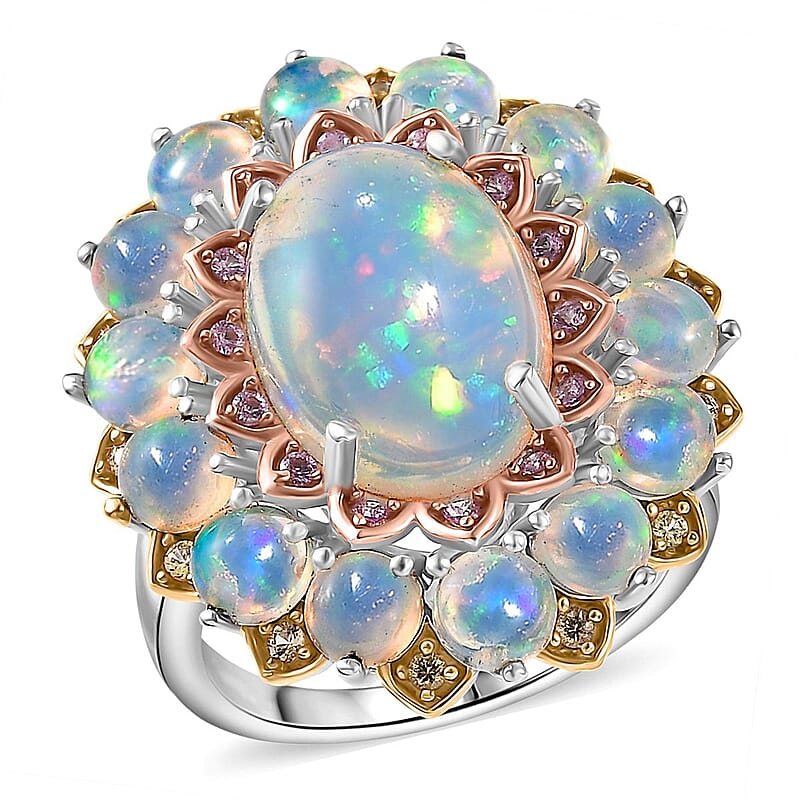 D'Joy Premium Ethiopian Welo Opal, Multi Gemstone Ring in Rhodium Over Sterling Silver (Size 10.0) 6.26 ctw