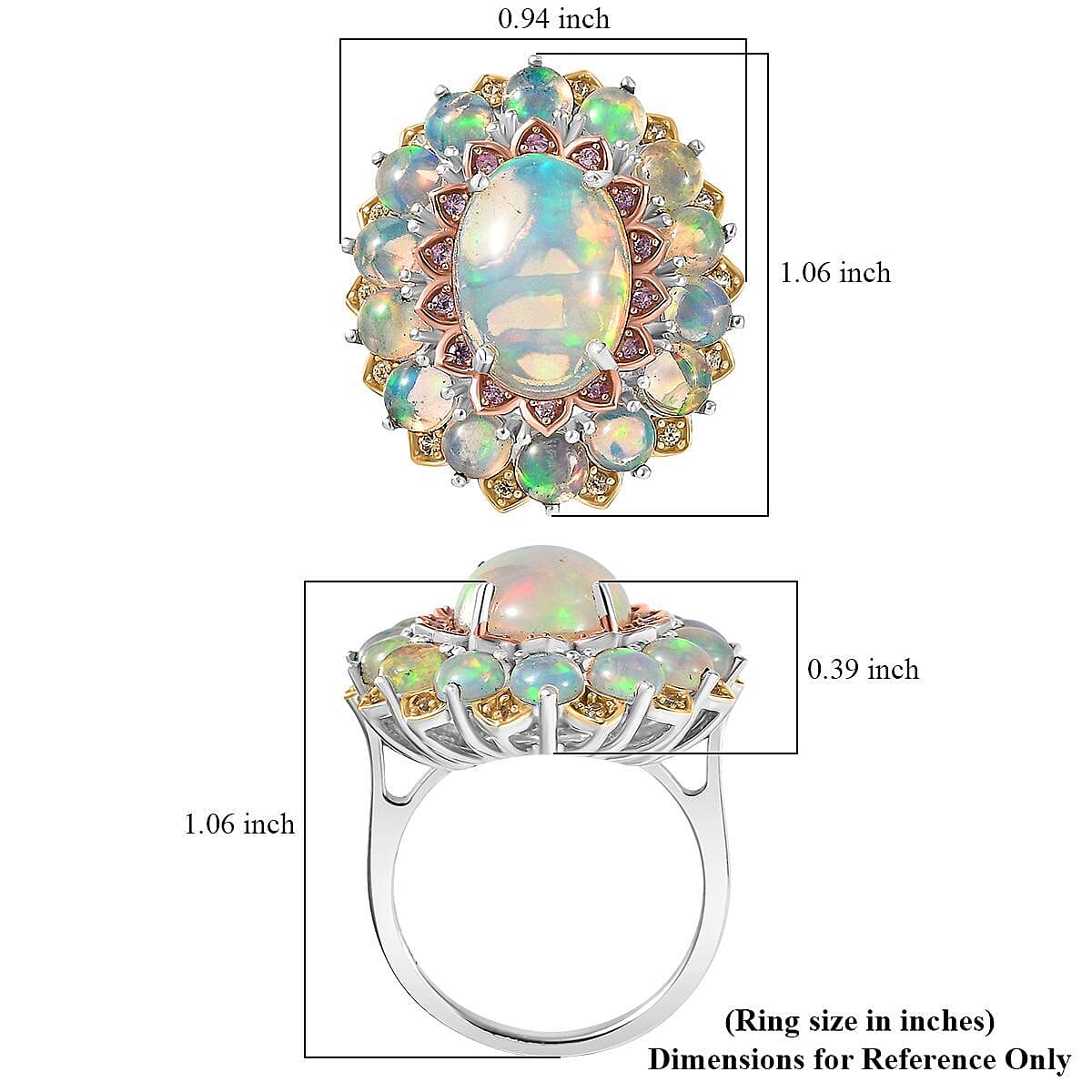D'Joy Premium Ethiopian Welo Opal, Multi Gemstone Ring in Rhodium Over Sterling Silver (Size 10.0) 6.26 ctw