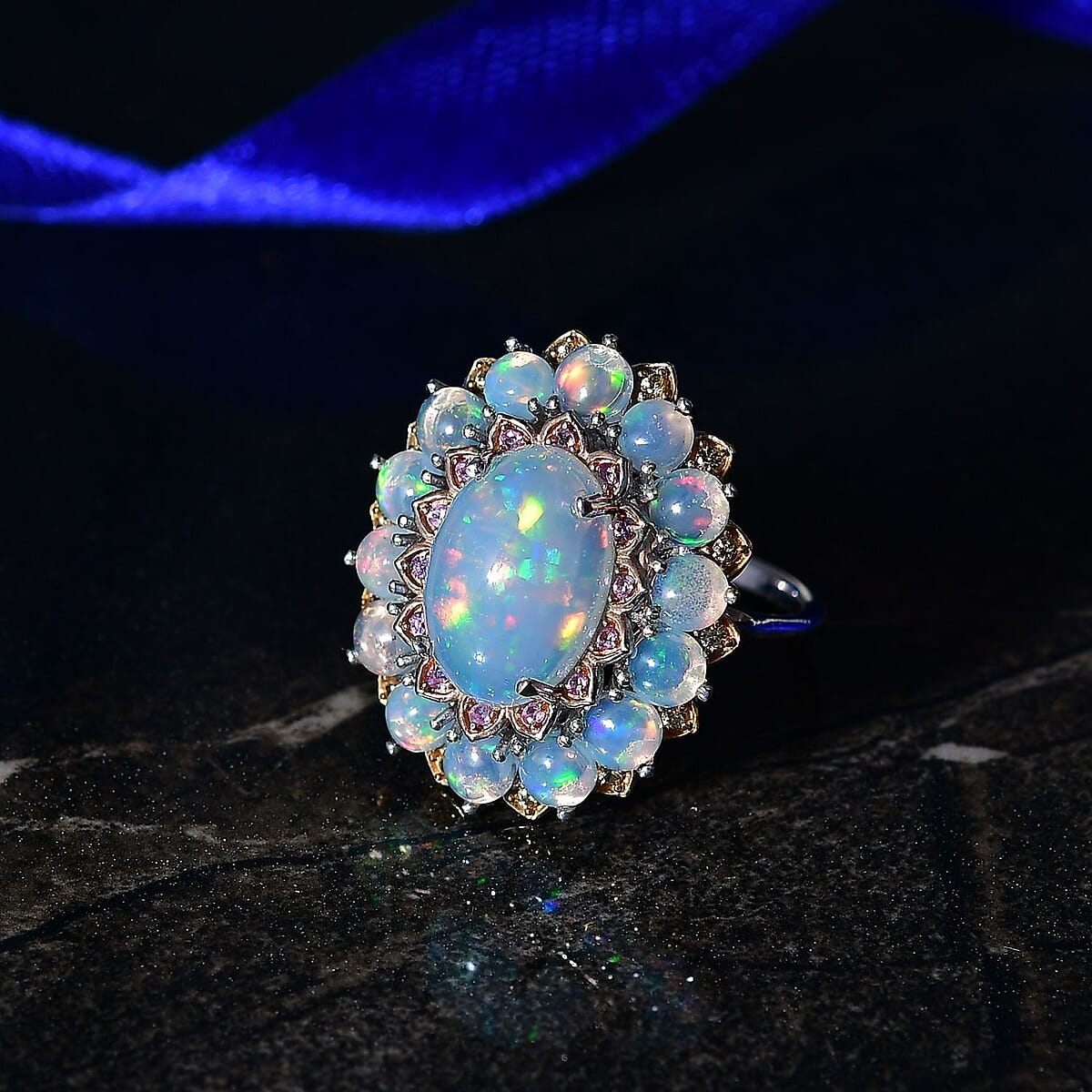 D'Joy Premium Ethiopian Welo Opal, Multi Gemstone Ring in Rhodium Over Sterling Silver (Size 6.0) 6.26 ctw image number 1