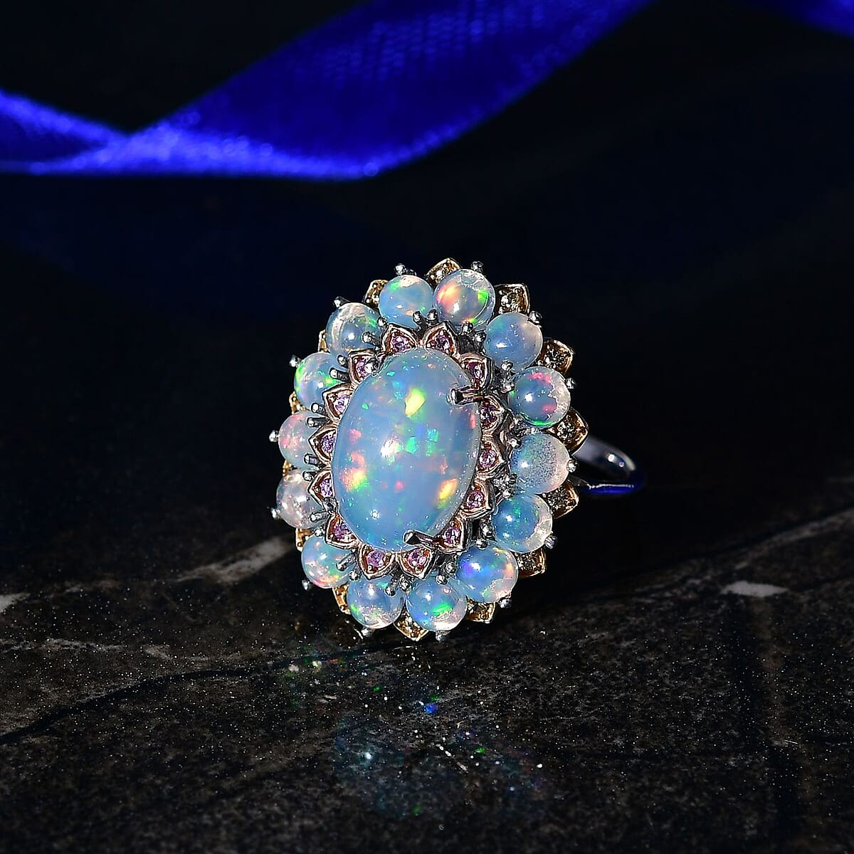 D'Joy Premium Ethiopian Welo Opal and Multi Gemstone 6.25 ctw Ring in Rhodium Over Sterling Silver (Size 7.0) image number 1