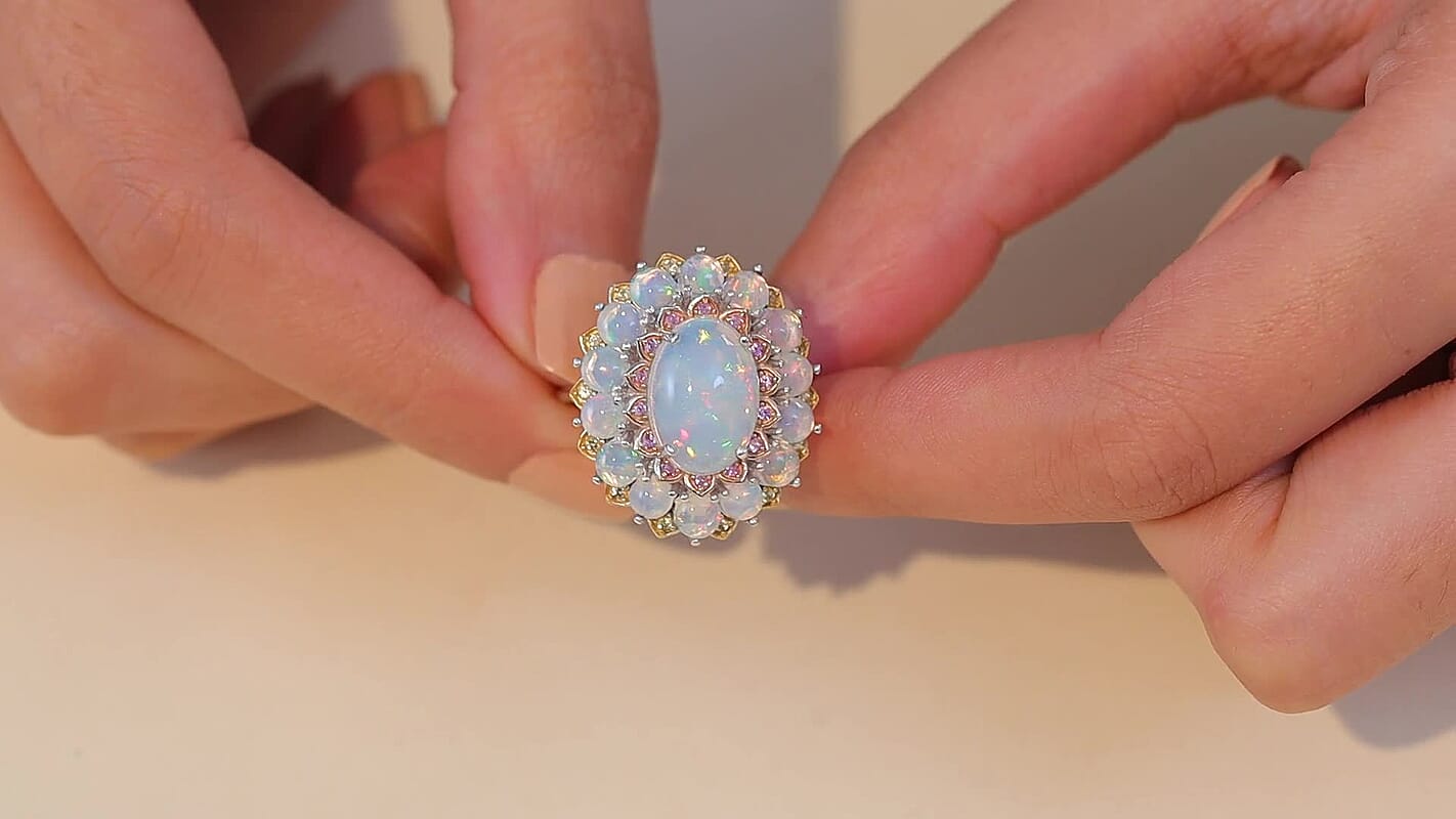 D'Joy Premium Ethiopian Welo Opal, Multi Gemstone Ring in Rhodium Over Sterling Silver (Size 10.0) 6.25 ctw
