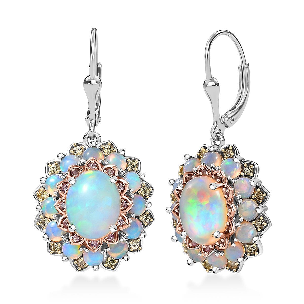 D'Joy Premium Ethiopian Welo Opal, Yellow and Pink Sapphire 5.60 ctw Earrings in Rhodium Over Sterling Silver image number 0