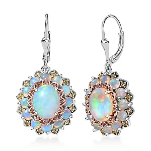 D'Joy Premium Ethiopian Welo Opal, Yellow and Pink Sapphire 5.60 ctw Earrings in Rhodium Over Sterling Silver