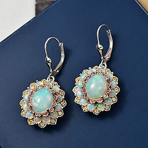 D'Joy Premium Ethiopian Welo Opal, Yellow and Pink Sapphire 5.60 ctw Earrings in Rhodium Over Sterling Silver