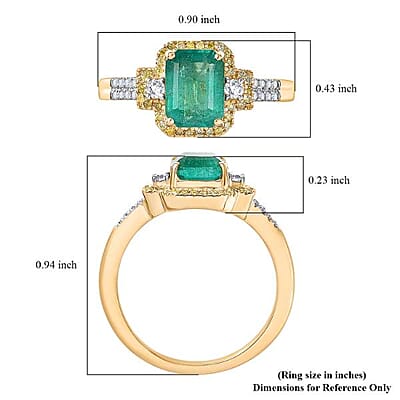 Luxoro AAA Kagem Zambian Emerald, Natural Yellow Diamond, White Diamond Art Deco Ring in 10K Yellow Gold 1.75 ctw (Size 12.0)