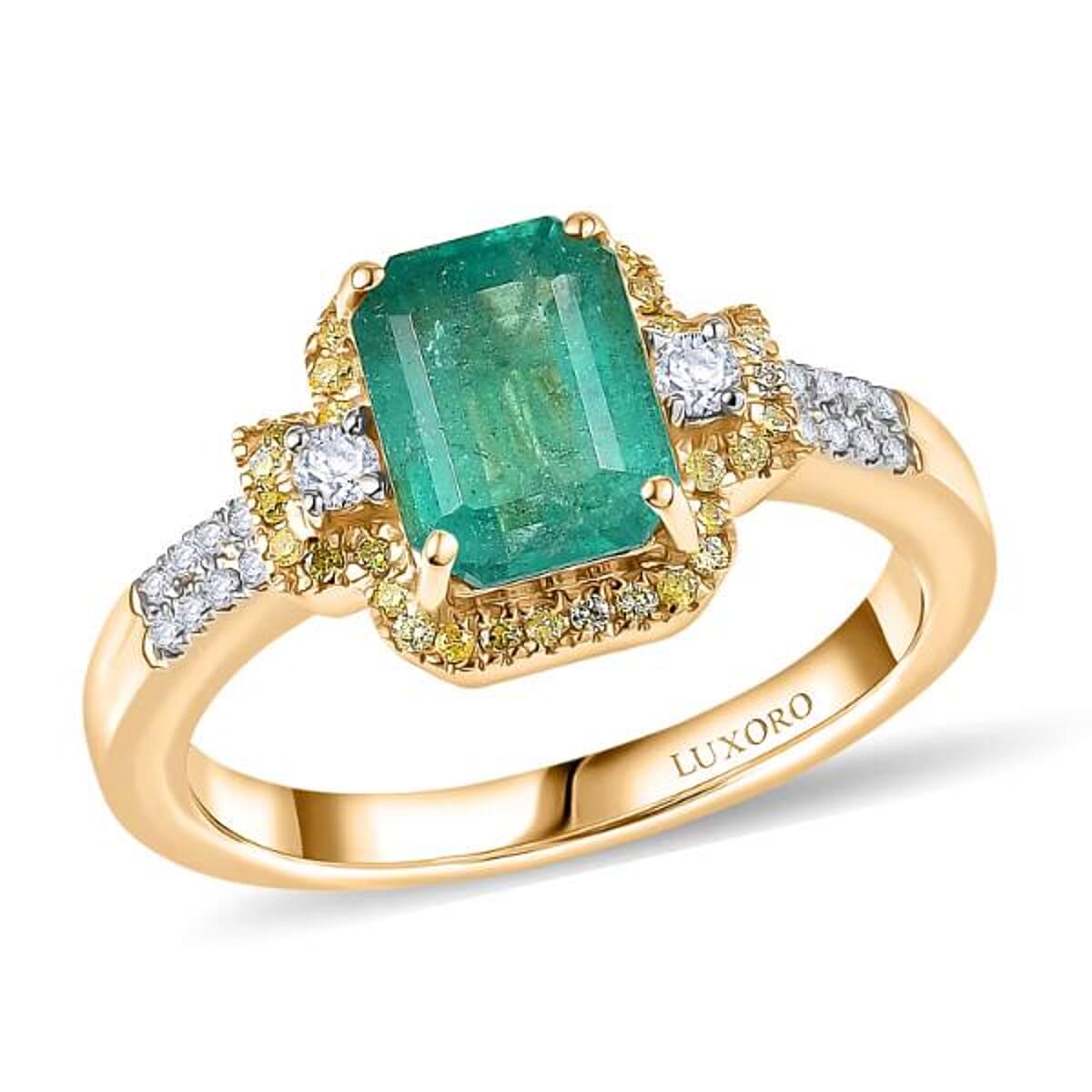 Luxoro AAA Kagem Zambian Emerald, Natural Yellow and White Diamond Art Deco Ring in 10K Yellow Gold 1.75 ctw (Size 6.0) image number 0