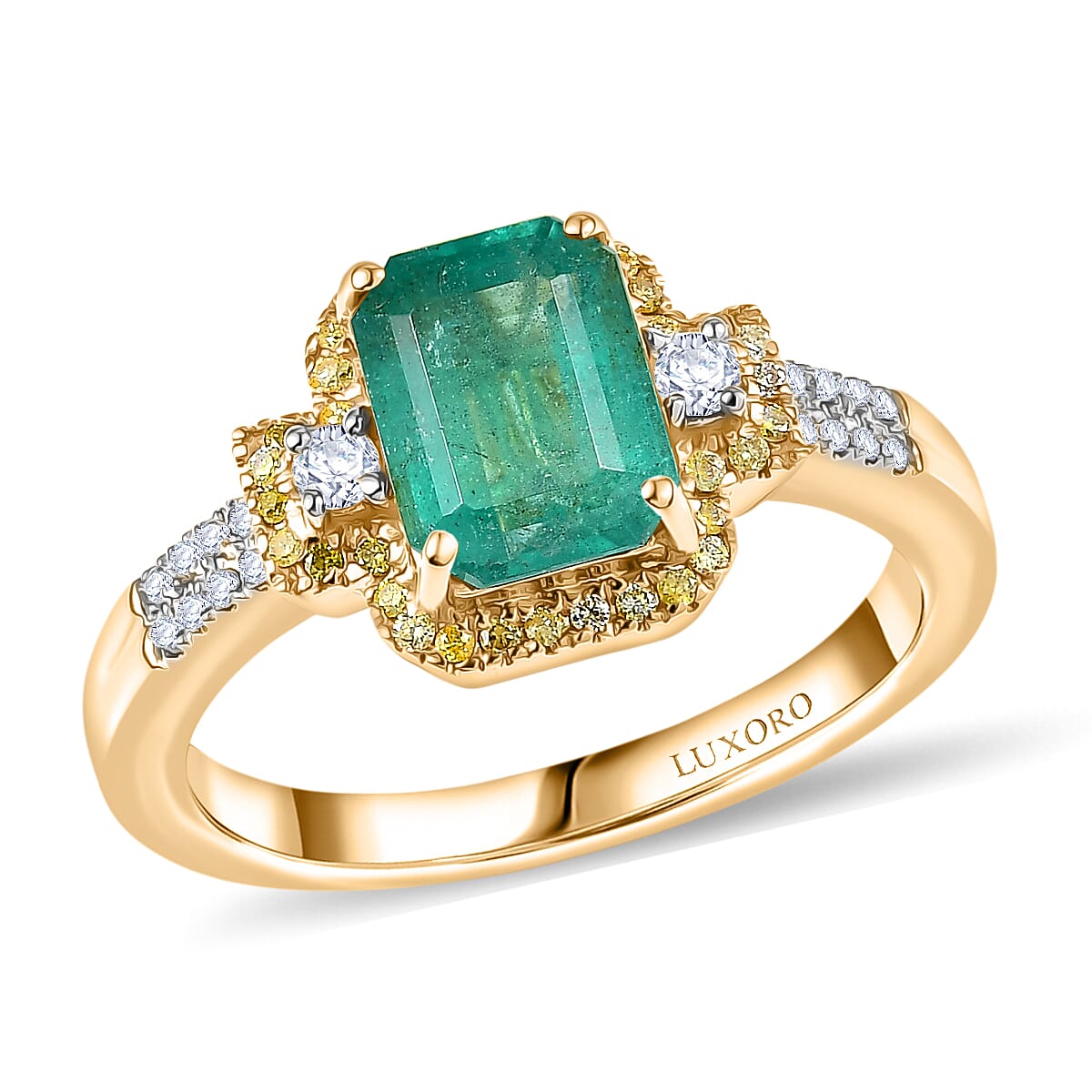 Doorbuster Luxoro AAA Kagem Zambian Emerald, Natural Yellow and White Diamond I2 1.75 ctw Art Deco Ring in 10K Yellow Gold (Size 7.0) image number 0