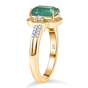 Luxoro AAA Kagem Zambian Emerald, Natural Yellow Diamond, White Diamond Art Deco Ring in 10K Yellow Gold 1.75 ctw (Size 7.0)