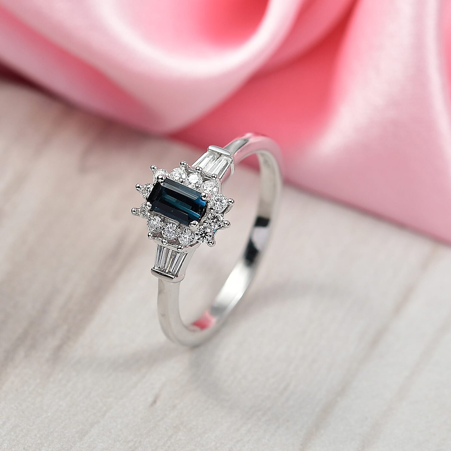 D'Joy AAA Monte Belo Indicolite, Moissanite Art Deco Ring in Rhodium Over Sterling Silver 0.65 ctw (Size 10.0)