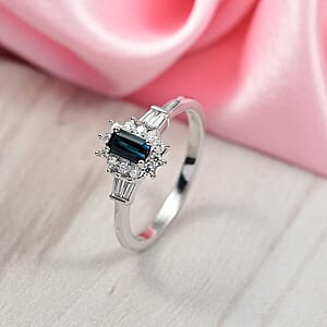 D'Joy AAA Monte Belo Indicolite, Moissanite Art Deco Ring in Rhodium Over Sterling Silver 0.65 ctw (Size 10.0)