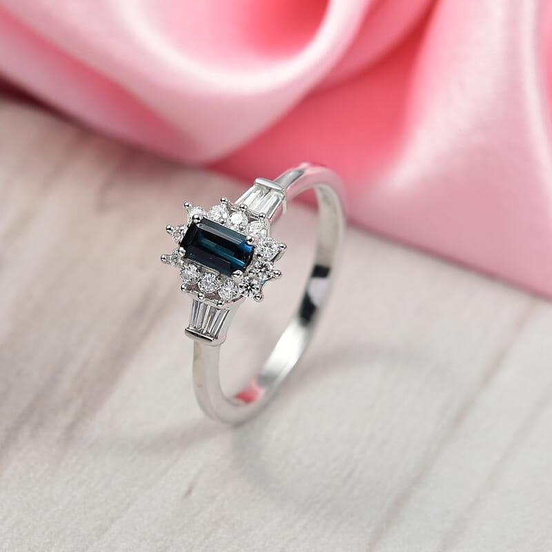 D'Joy AAA Monte Belo Indicolite, Moissanite Art Deco Ring in Rhodium Over Sterling Silver 0.65 ctw (Size 10.0)
