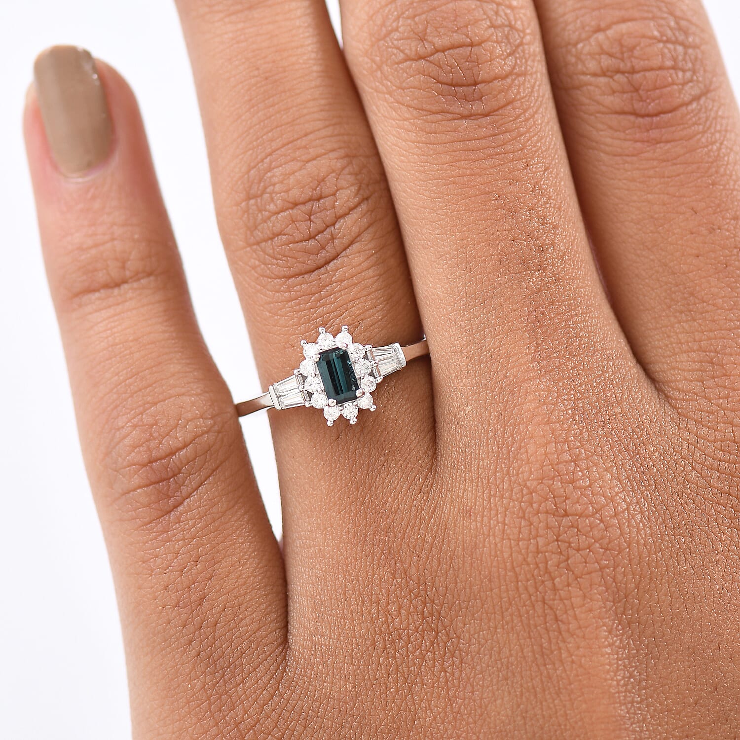 D'Joy AAA Monte Belo Indicolite, Moissanite Art Deco Ring in Rhodium Over Sterling Silver 0.65 ctw (Size 10.0)