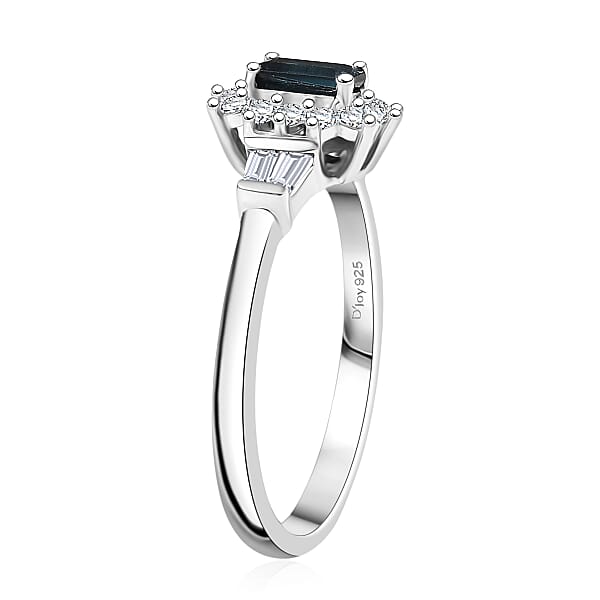 D'Joy AAA Monte Belo Indicolite, Moissanite Art Deco Ring in Rhodium Over Sterling Silver 0.65 ctw (Size 10.0)