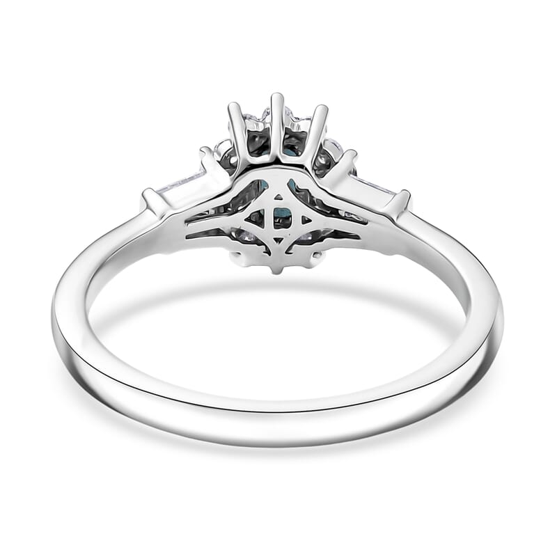 D'Joy AAA Monte Belo Indicolite, Moissanite Art Deco Ring in Rhodium Over Sterling Silver 0.65 ctw (Size 10.0)