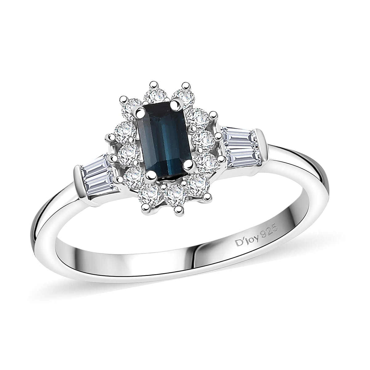 D'Joy AAA Monte Belo Indicolite and Moissanite 0.65 ctw Art Deco Ring in Rhodium Over Sterling Silver (Size 5.0) image number 0