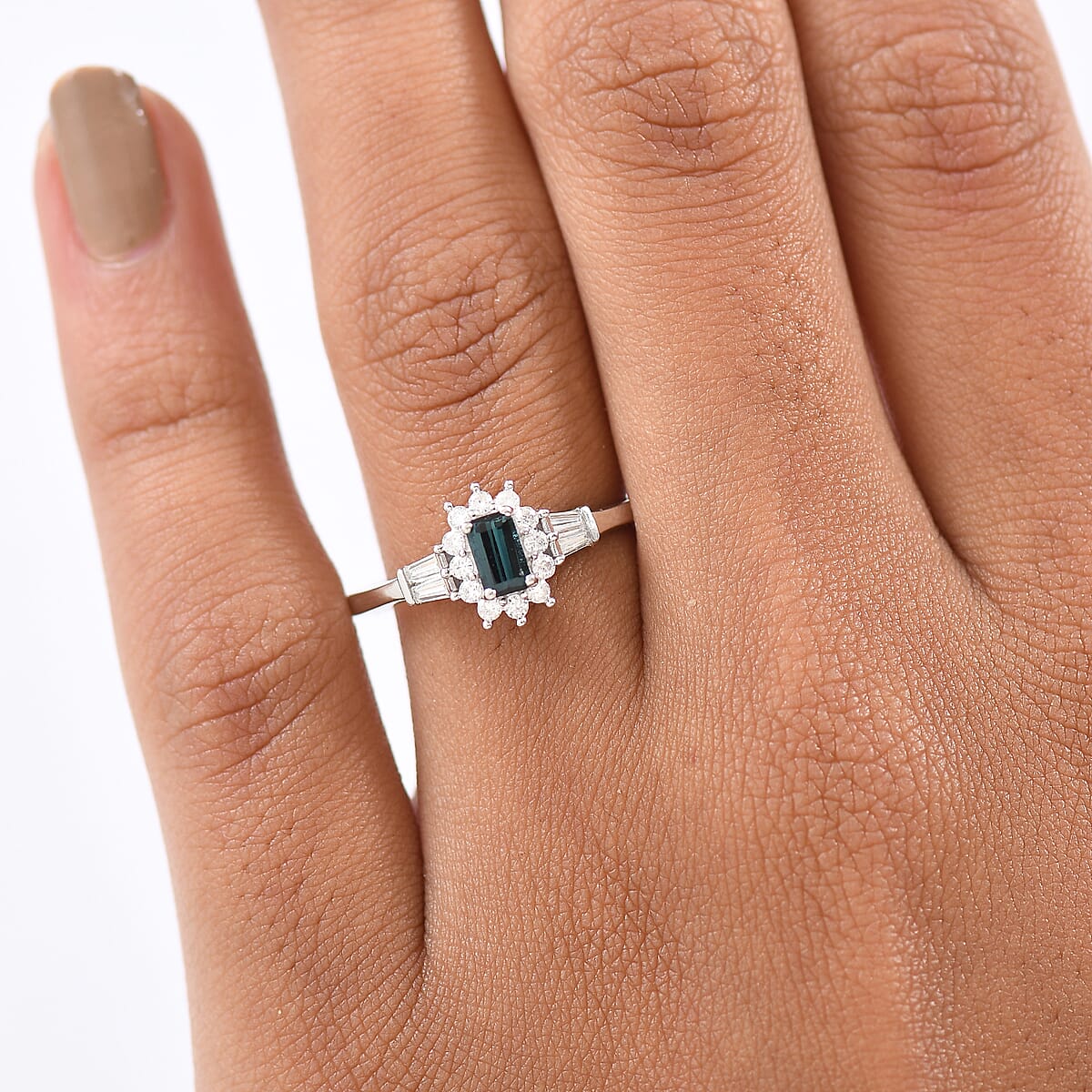 D'Joy AAA Monte Belo Indicolite and Moissanite 0.65 ctw Art Deco Ring in Rhodium Over Sterling Silver (Size 5.0) image number 2