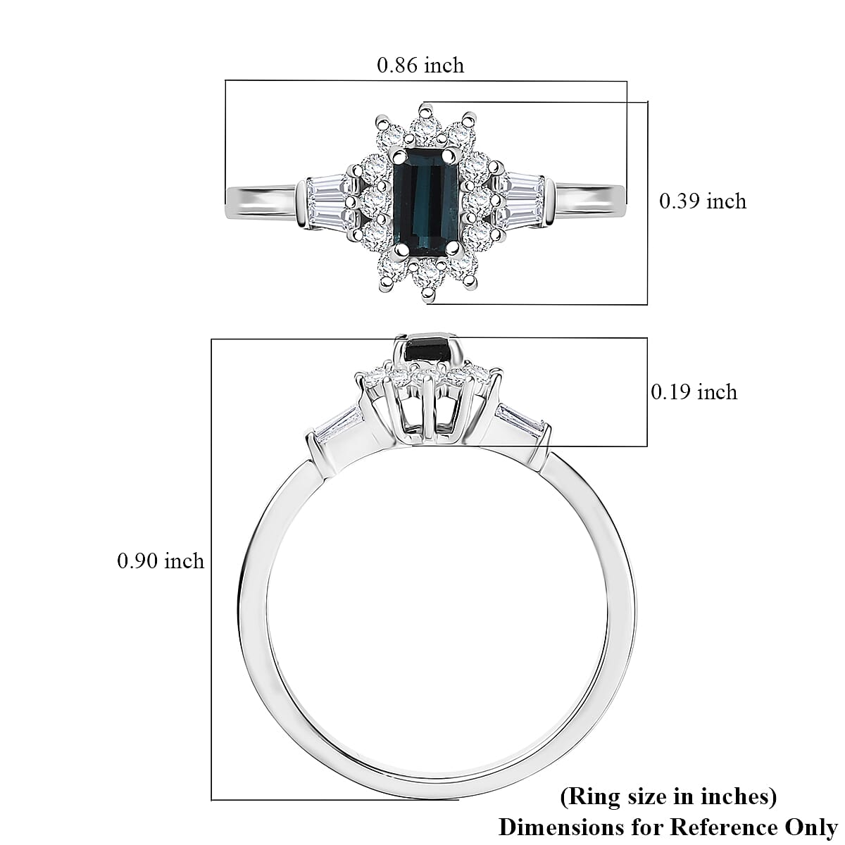 D'Joy AAA Monte Belo Indicolite and Moissanite 0.65 ctw Art Deco Ring in Rhodium Over Sterling Silver (Size 5.0) image number 5