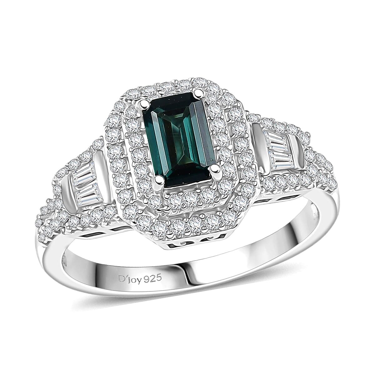 D'Joy AAA Monte Belo Indicolite and Moissanite 1.25 ctw Art Deco Ring in Rhodium Over Sterling Silver (Size 6.0) image number 0