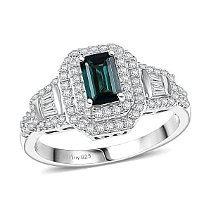 D'Joy AAA Monte Belo Indicolite and Moissanite 1.25 ctw Art Deco Ring in Rhodium Over Sterling Silver (Size 6.0)