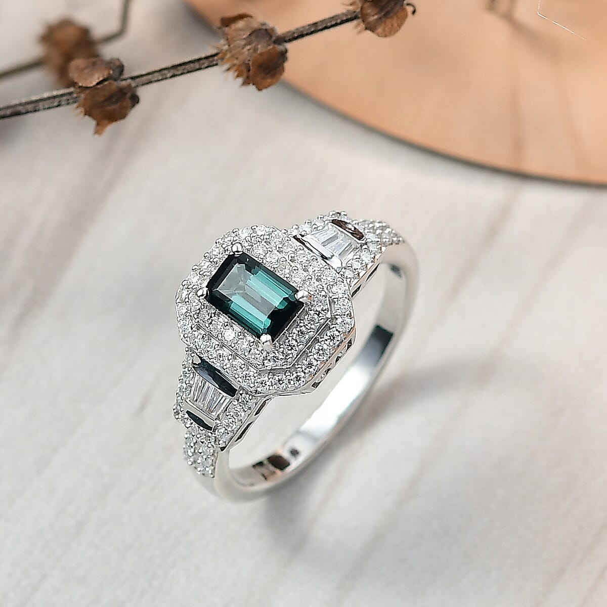 D'Joy AAA Monte Belo Indicolite and Moissanite 1.25 ctw Art Deco Ring in Rhodium Over Sterling Silver (Size 6.0) image number 1