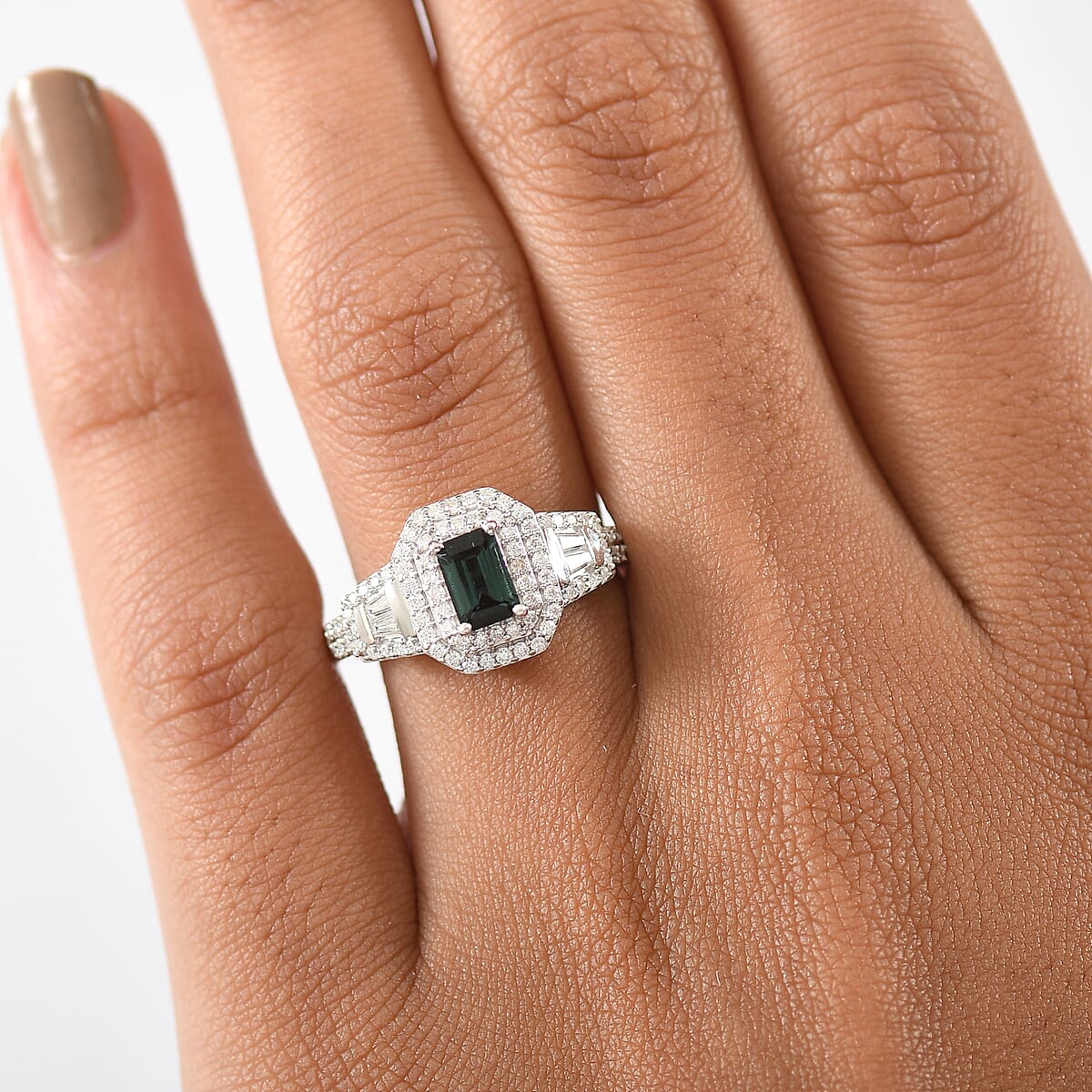 D'Joy AAA Monte Belo Indicolite and Moissanite 1.25 ctw Art Deco Ring in Rhodium Over Sterling Silver (Size 7.0) image number 2