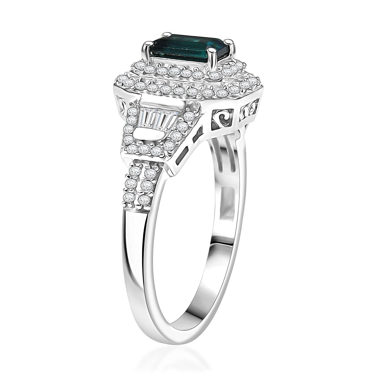 D'Joy AAA Monte Belo Indicolite and Moissanite 1.25 ctw Art Deco Ring in Rhodium Over Sterling Silver (Size 7.0) image number 3