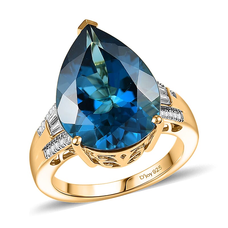 Certified & Appraised D'Joy London Blue Topaz and Moissanite 13.50 ctw Midnight Elegance Ring in 18K Vermeil Yellow Gold Over Sterling Silver (Size 6.0)