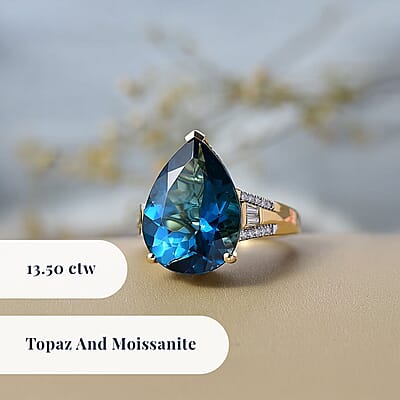Certified & Appraised D'Joy London Blue Topaz and Moissanite 13.50 ctw Midnight Elegance Ring in 18K Vermeil Yellow Gold Over Sterling Silver (Size 6.0)