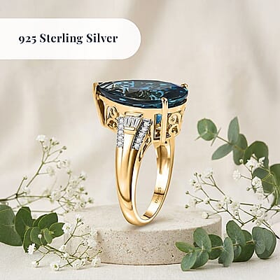 Certified & Appraised D'Joy London Blue Topaz and Moissanite 13.50 ctw Midnight Elegance Ring in 18K Vermeil Yellow Gold Over Sterling Silver (Size 6.0)