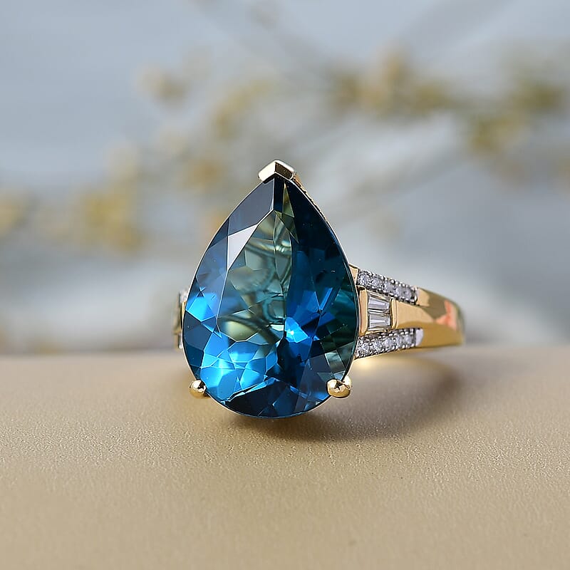 Certified & Appraised D'Joy London Blue Topaz and Moissanite 12.10 ctw Midnight Elegance Ring in 18K Vermeil Yellow Gold Over Sterling Silver (Size 7.0)
