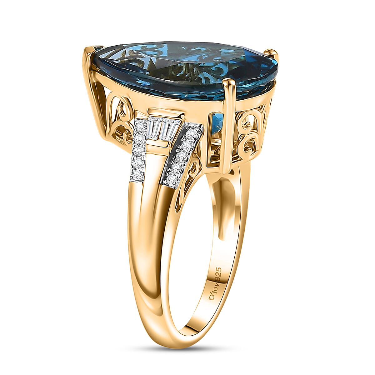 Certified & Appraised D'Joy London Blue Topaz and Moissanite 13.50 ctw Midnight Elegance Ring in 18K Vermeil Yellow Gold Over Sterling Silver (Size 9.0) image number 3