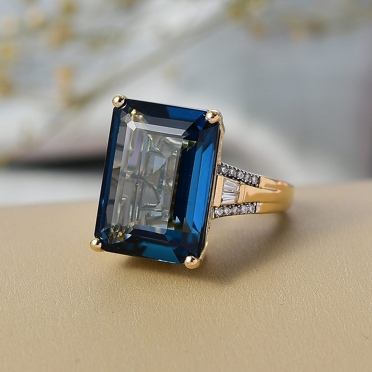 Doorbuster D'Joy London Blue Topaz and Moissanite 21.60 ctw Midnight Elegance Ring in 18K Vermeil Yellow Gold Over Sterling Silver (Size 7.0) image number 1