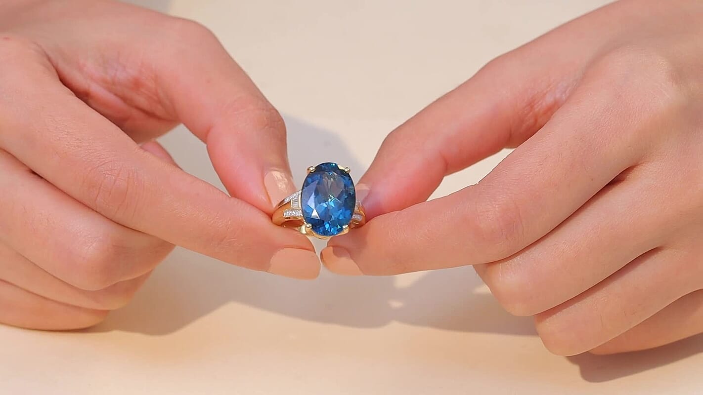 Doorbuster D'Joy London Blue Topaz, Moissanite Midnight Elegance Ring in 18K Vermeil YG Over Sterling Silver (Size 7.0) 12.10 ctw