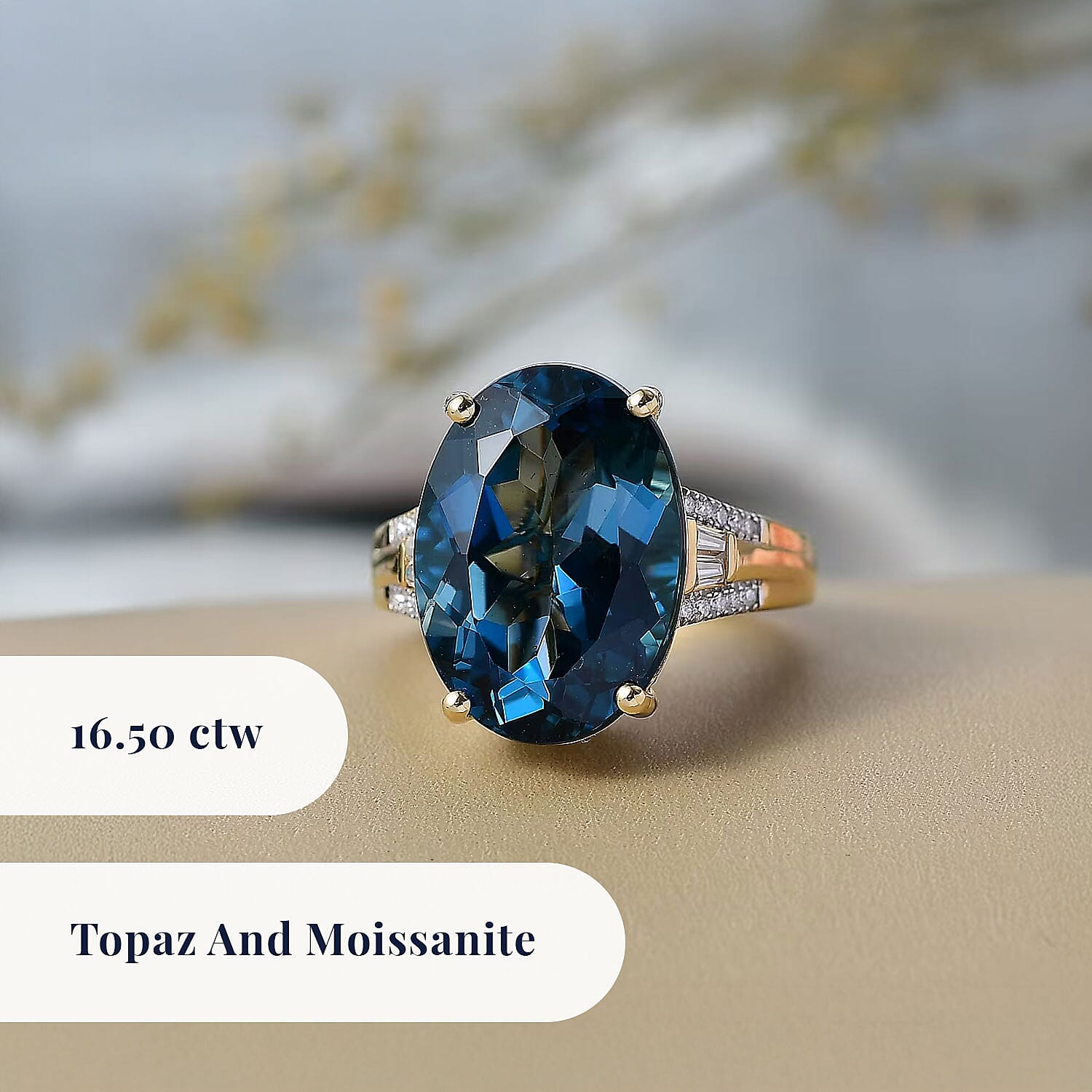 D'Joy London Blue Topaz and Moissanite 16.50 ctw Midnight Elegance Ring in 18K Vermeil Yellow Gold Over Sterling Silver (Size 8.0)