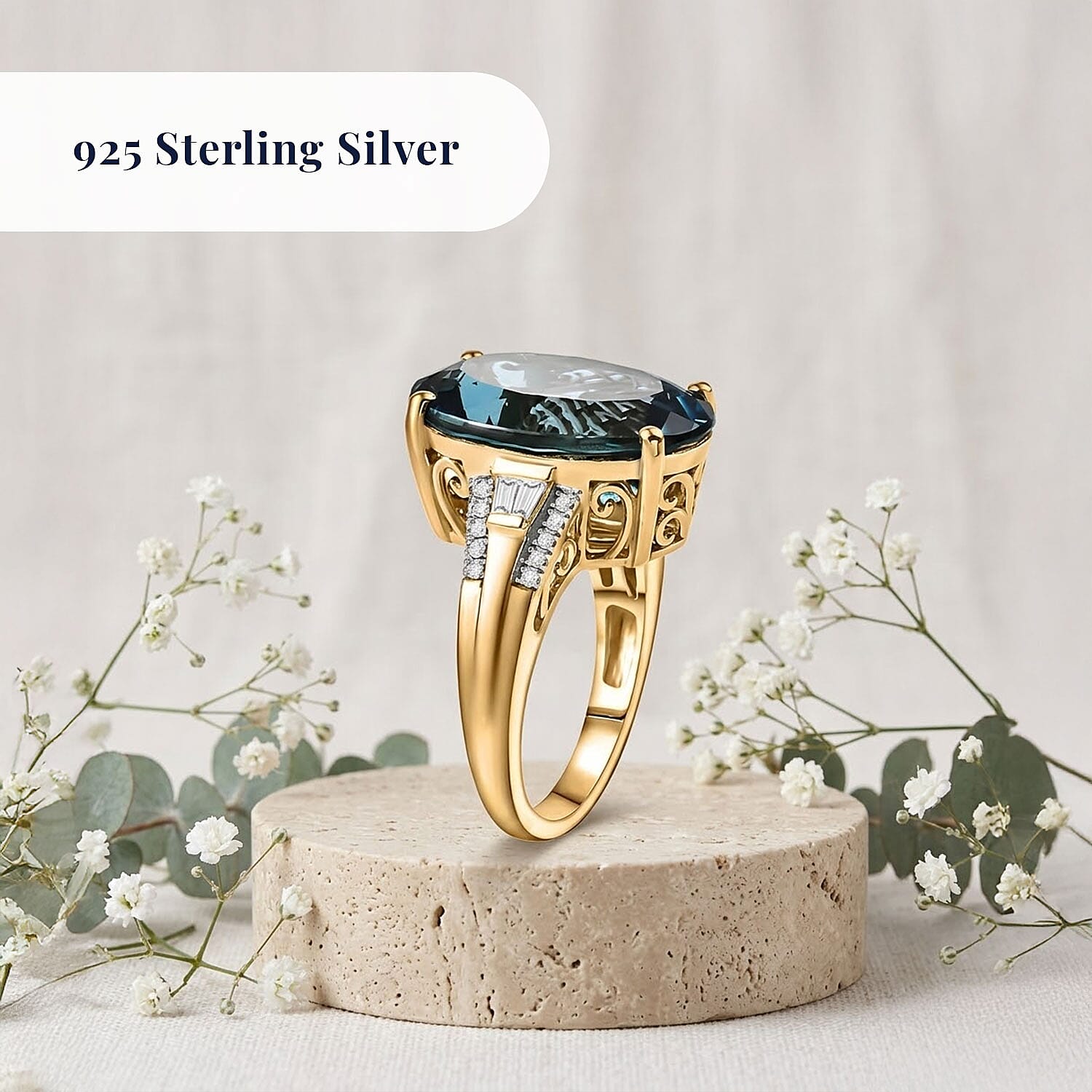 D'Joy London Blue Topaz and Moissanite 16.50 ctw Midnight Elegance Ring in 18K Vermeil Yellow Gold Over Sterling Silver (Size 8.0)